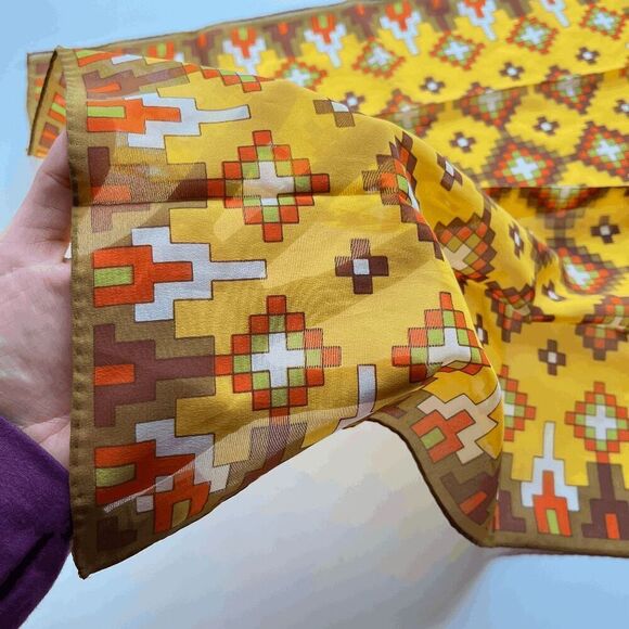 Vintage 70s Nasharr Freres Sheer Geometric Print Scarf, Rolled Edge, 21" - Picture 5 of 8